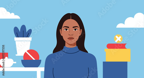 Woman portrait illustration with blue background clouds and books styled vector