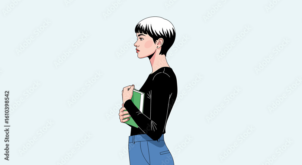 Naklejka premium Young person holding book profile illustration minimalist style education vector graphic