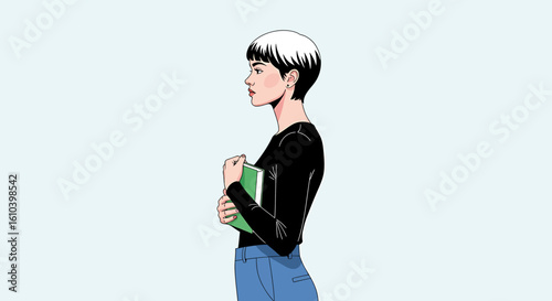 Young person holding book profile illustration minimalist style education vector graphic