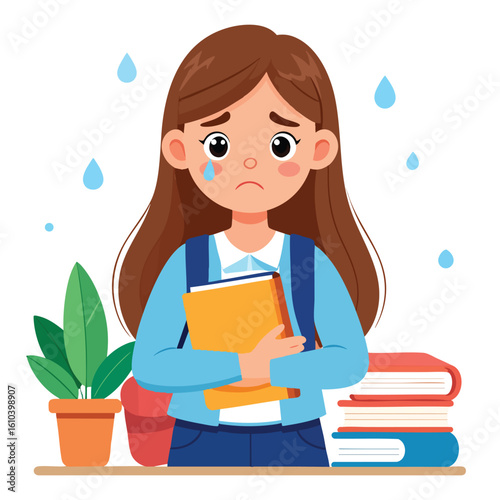 Cartoon girl with books, looking sad and crying, with tears falling, wearing a backpack.
