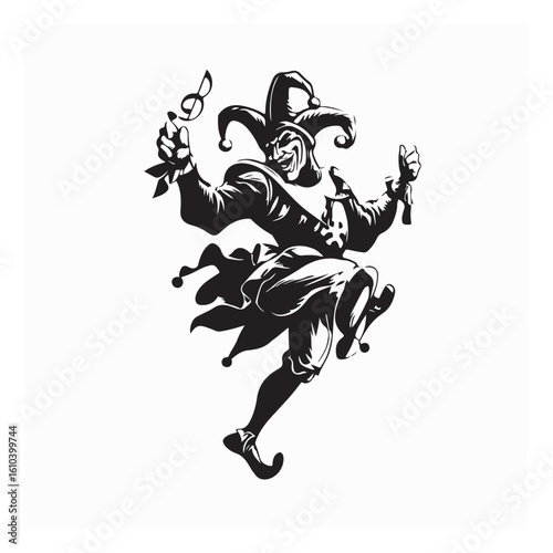 Dancing Medieval Jester Silhouette Performing in Traditional Costume on White Background