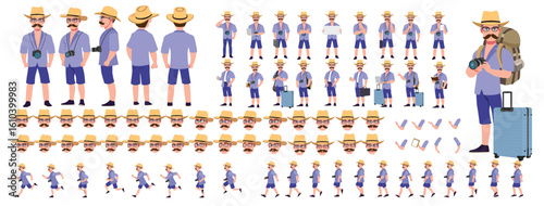 Traveler character model sheet, Character poses, expressions, Walk cycle, Run cycle animated character sequences.