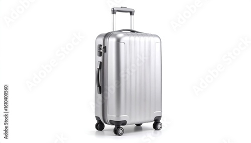 Silver suitcase with retractable handle and wheels, isolated on white