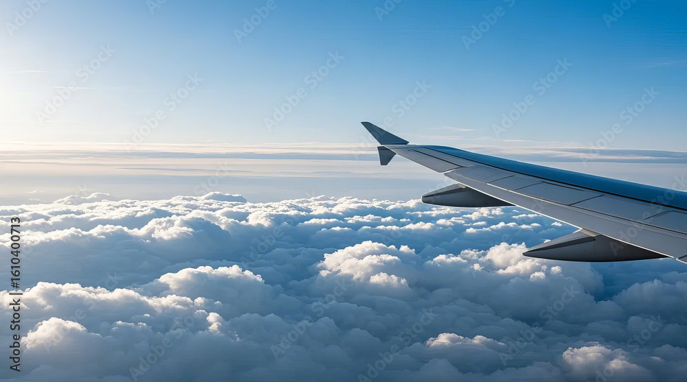 Obraz premium Airplane wing in high-altitude sea of clouds, travel, business trip, transportation scene