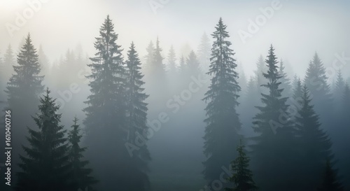 Foggy forest landscape with tall evergreen trees