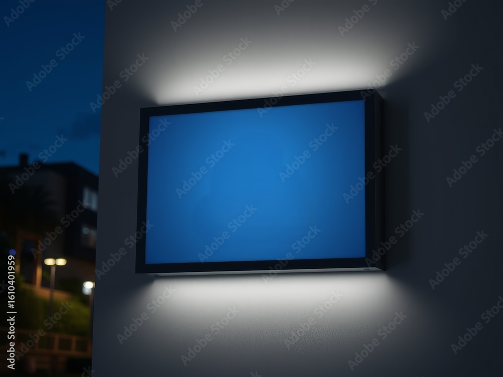 Fototapeta premium Illuminated blue screen display mounted on a wall with a building visible in the background at night