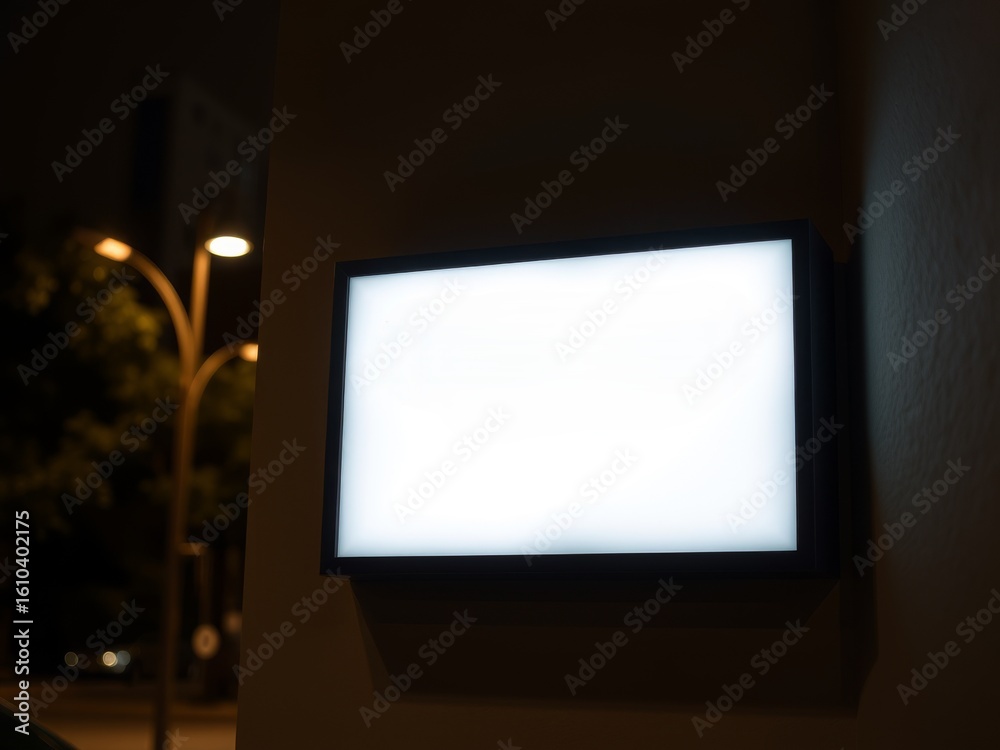 Fototapeta premium Illuminated blank sign mounted on a wall at night with street lights visible in the background
