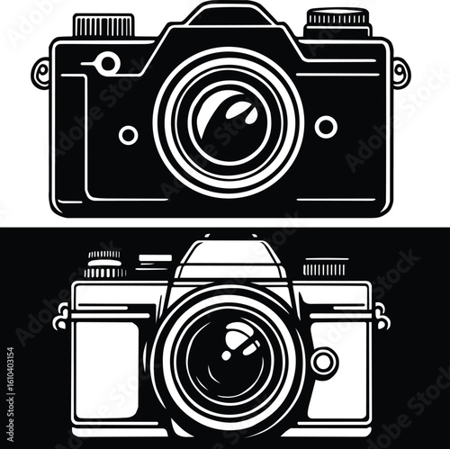 Vintage SLR Camera Vector Illustration in Black and White – Retro Analog Photography Equipment Drawing for Logo, Merchandise, Print Design, and Photographer Branding Concept