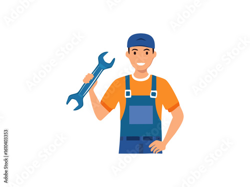 Flat design illustration of a mechanic holding a wrench, representing automotive repair, maintenance, and industrial work concept