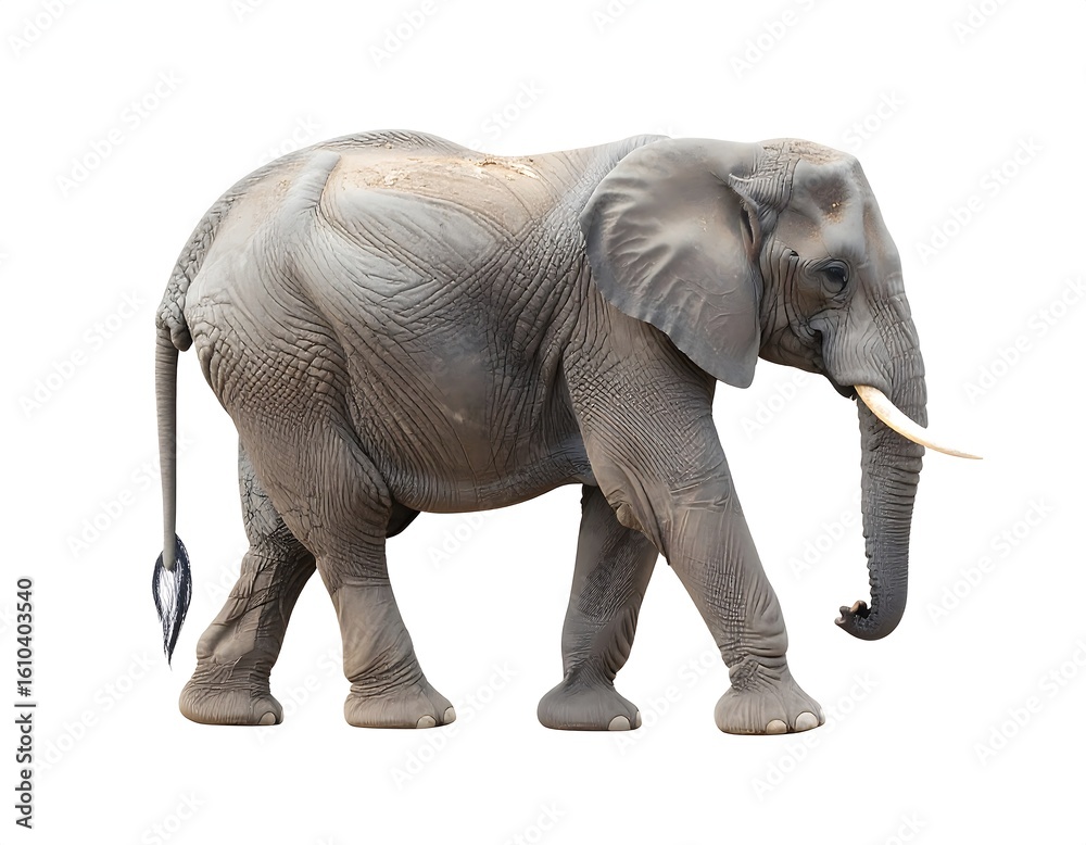 Obraz premium An adult African elephant walking, profile view against a white background