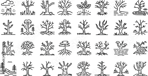 Dead tree black line icons set, Silhouette of a dead tree vector illustration.
