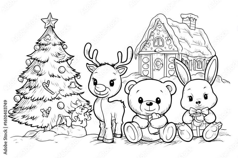 Fototapeta premium Cute Outline Winter Holiday Character Group with Christmas Tree and House Illustration. Ai Generated Images