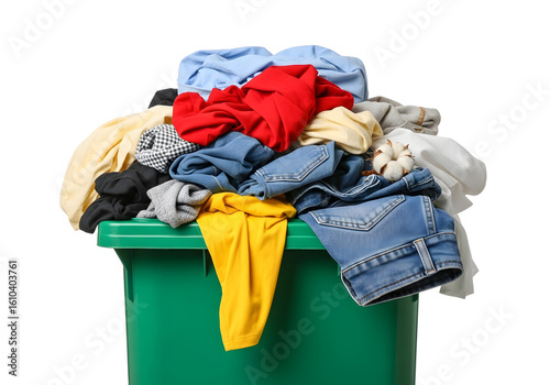 Overflowing green recycling bin filled with assorted colorful textiles against a white background, representing textile recycling and sustainable waste management in a domestic setting