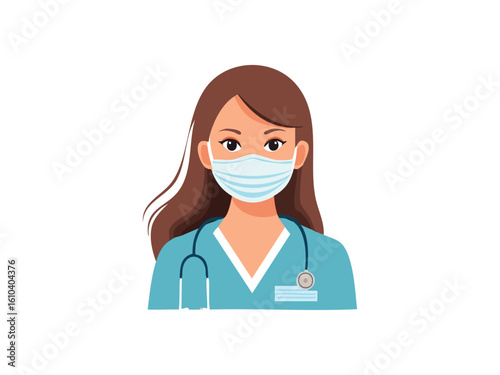 Vector illustration of a woman nurse wearing a protective medical mask, representing healthcare safety, nursing care, and medical service