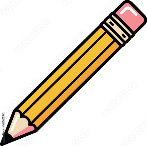 Classic yellow pencil with pink eraser isolated on a white background. Cartoon illustration.