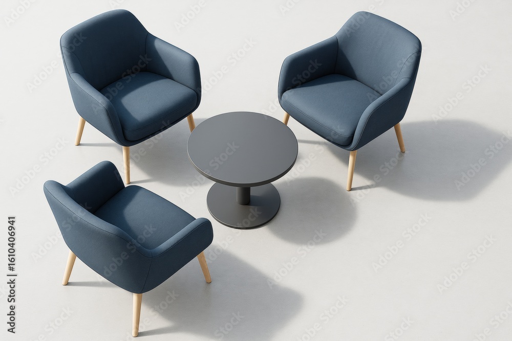 Fototapeta premium Modern blue armchairs and round coffee table in minimalist room with light background, showcasing contemporary interior design concept indoors.