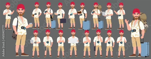 Traveler character model sheet, Character poses, expressions, Walk cycle, Run cycle animated character sequences.