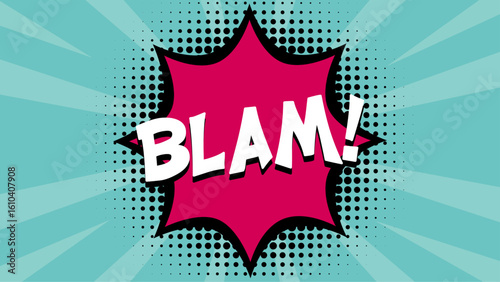 BLAM comic text template on retro background for stickers, posters, social media posts.