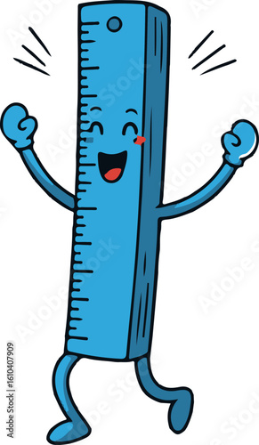 A cheerful cartoon ruler character mascot celebrating. An isolated vector for school and education.