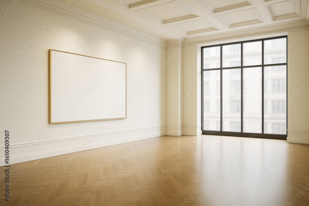 Fototapeta premium Blank white frame on wall in contemporary empty room with large window, wooden floor, and elegant interior design in natural light setting.
