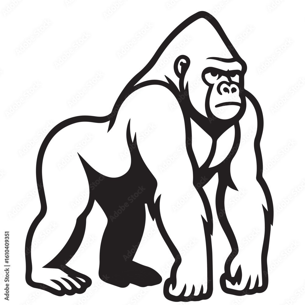 Fototapeta premium A black and white vector of a gorilla, with bold black outlines emphasizing its strong posture, muscular body, and powerful expression in a clean design.