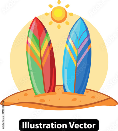 Vector illustration of two colorful surfboards on a tropical sandy beach under the sun