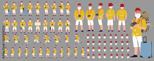 Traveler character model sheet, Character poses, expressions, Walk cycle, Run cycle animated character sequences.