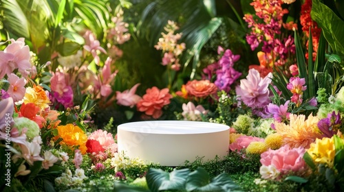 White cylindrical podium surrounded by vibrant flowers and lush greenery in a garden setting, ideal for product display or presentation.