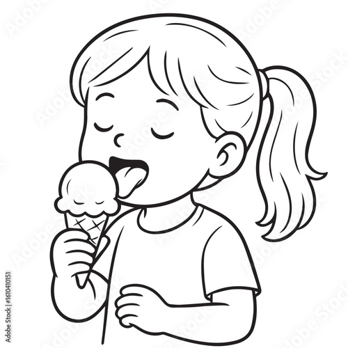 A black and white vector of a young girl happily eating ice cream, with bold black outlines showing her joyful expression and melting treat in her hand.

