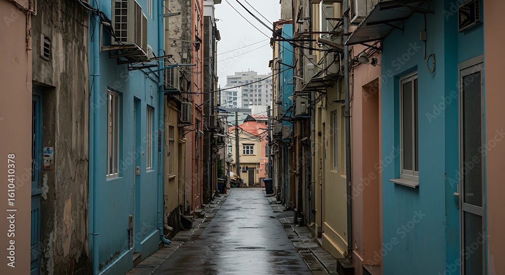 Fototapeta premium Narrow Alleyway in an Asian City After Rain
