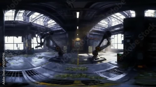 Wallpaper Mural A panoramic view of an industrial warehouse featuring robotic arms amidst overgrown vegetation, with shafts of light filtering through broken windows, creating a contrast of nature and technology Torontodigital.ca