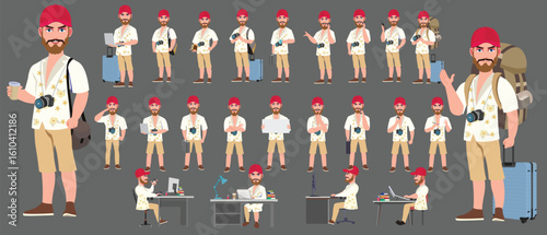 Traveler character model sheet, Character poses, expressions, Walk cycle, Run cycle animated character sequences.