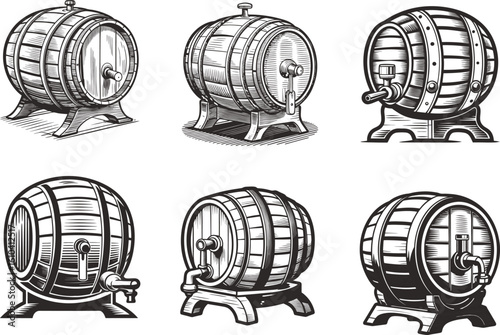 Collection of Hand Drawn Wooden Barrels Illustration Vintage Style for Branding and Package Design Ideal for Wine Whiskey Beer and other Beverages