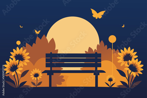 Tranquil park scene with sunflowers and a bench