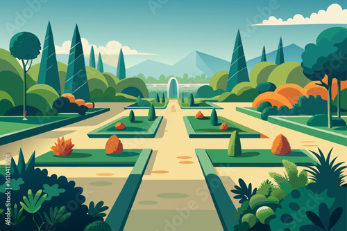 Stylized formal garden with geometric plantings and distant mountains