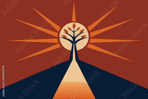 Stylized tree of life with sunburst and mountain landscape