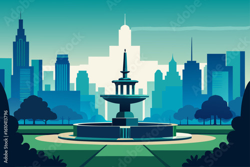 Urban park with fountain and city skyline in cool tones