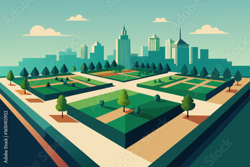 Stylized city park with geometric layout and modern skyline