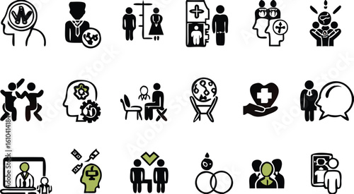 Black Psychology Icon Set. Vector Illustrations Family Psychology, Psychologist, Divorce, Child Psychology, Marriage, Antidepressants, Adoption, Complexes, Fears, Conflicts, Ego, and Others