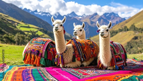 Three Colorful Llamas Resting on a Vibrant Tapestry Against a Mountainous Landscape