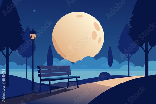 Serene park bench under a giant full moon at night