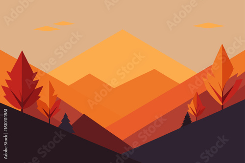 Geometric autumn landscape with warm hues and stylized trees