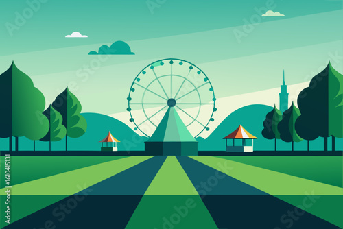 Flat design ferris wheel amusement park scene