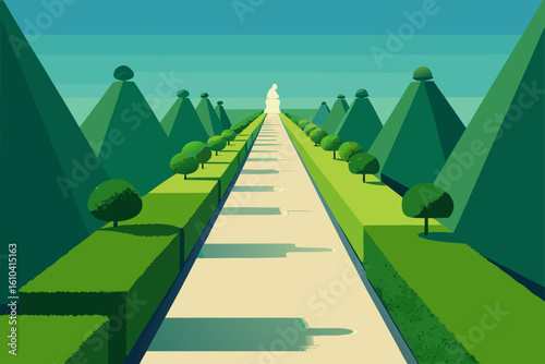 A majestic path leading to a distant white statue