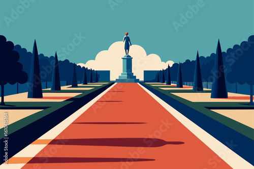 Geometric park pathway leading to a distant statue