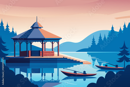 Serene lakeside gazebo and boats at sunset