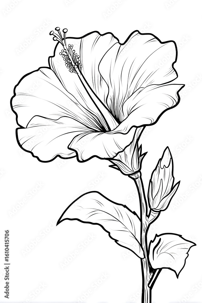 Fototapeta premium Detailed Lineart Hibiscus Blossom with Bud Botanical Illustration. Ai Generated Images