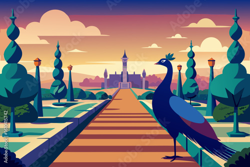 Peacock in a formal garden leading to a castle at sunset