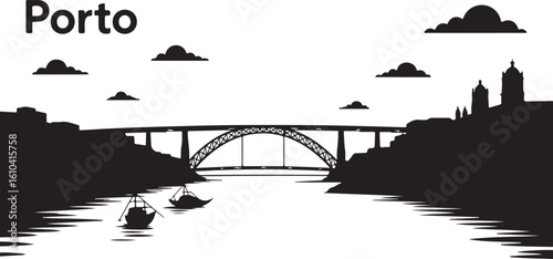 Porto Skyline Silhouette Lanterna Lighthouse Dom Luís I Bridge Cathedral Outline Portuguese Coastal City Vector on White Background