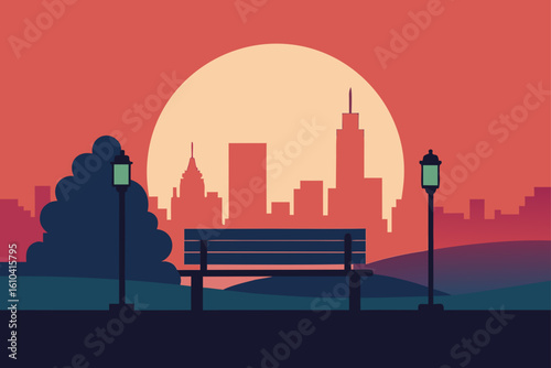 Cityscape silhouette at sunset with park bench and streetlights
